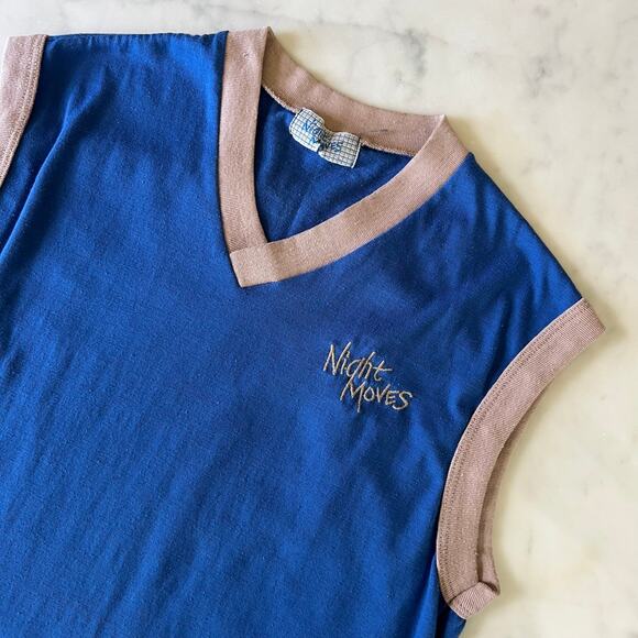 Vintage 80s Blue Night Moves Sleeveless Ringer Midi Nightgown / Dress / S M - Picture 2 of 8